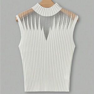 Sleeveless Pleated Knit Top – White with Metallic Accents